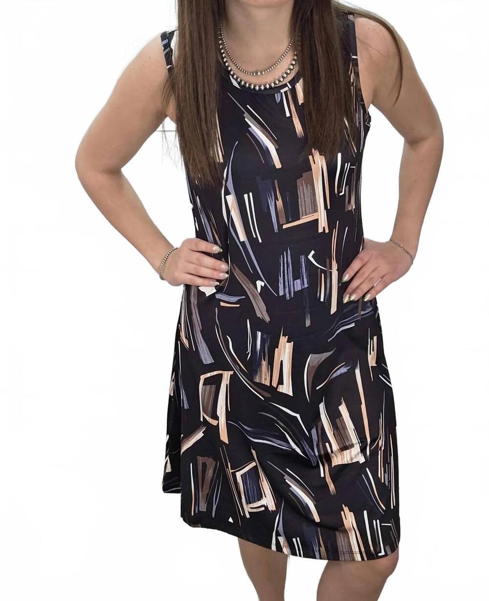 NEW KEREN HART printed sleeveless mini dress in black geometric